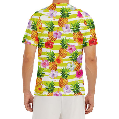 Yellow Striped Pineapple Pattern Print Men's Short Sleeve Rash Guard