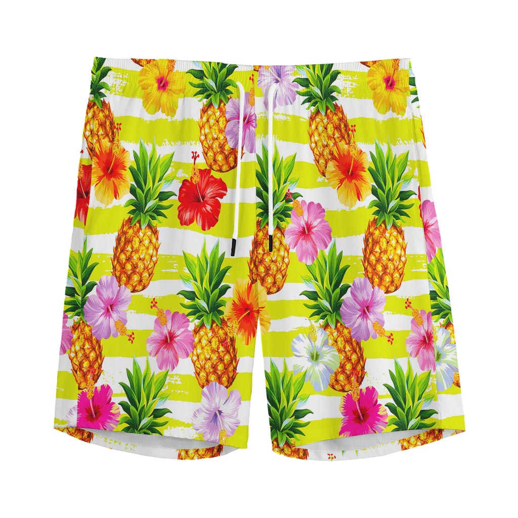 Yellow Striped Pineapple Pattern Print Men's Sports Shorts