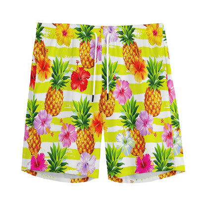 Yellow Striped Pineapple Pattern Print Men's Sports Shorts