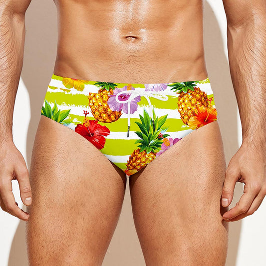 Yellow Striped Pineapple Pattern Print Men's Swim Briefs