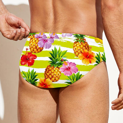 Yellow Striped Pineapple Pattern Print Men's Swim Briefs