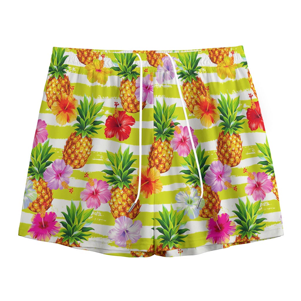 Yellow Striped Pineapple Pattern Print Mesh Shorts
