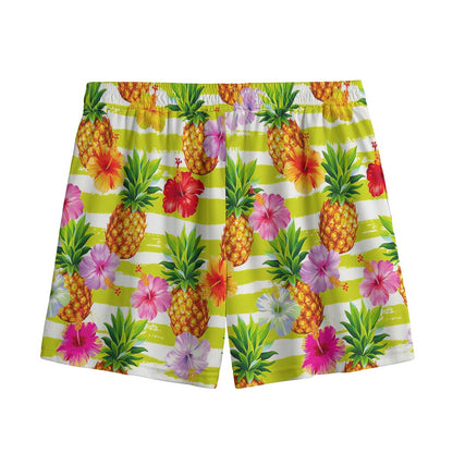 Yellow Striped Pineapple Pattern Print Mesh Shorts