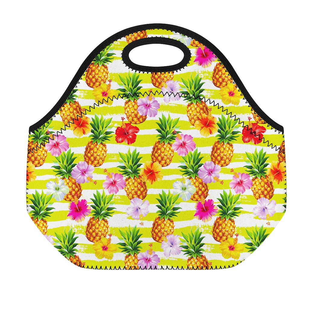 Yellow Striped Pineapple Pattern Print Neoprene Lunch Bag