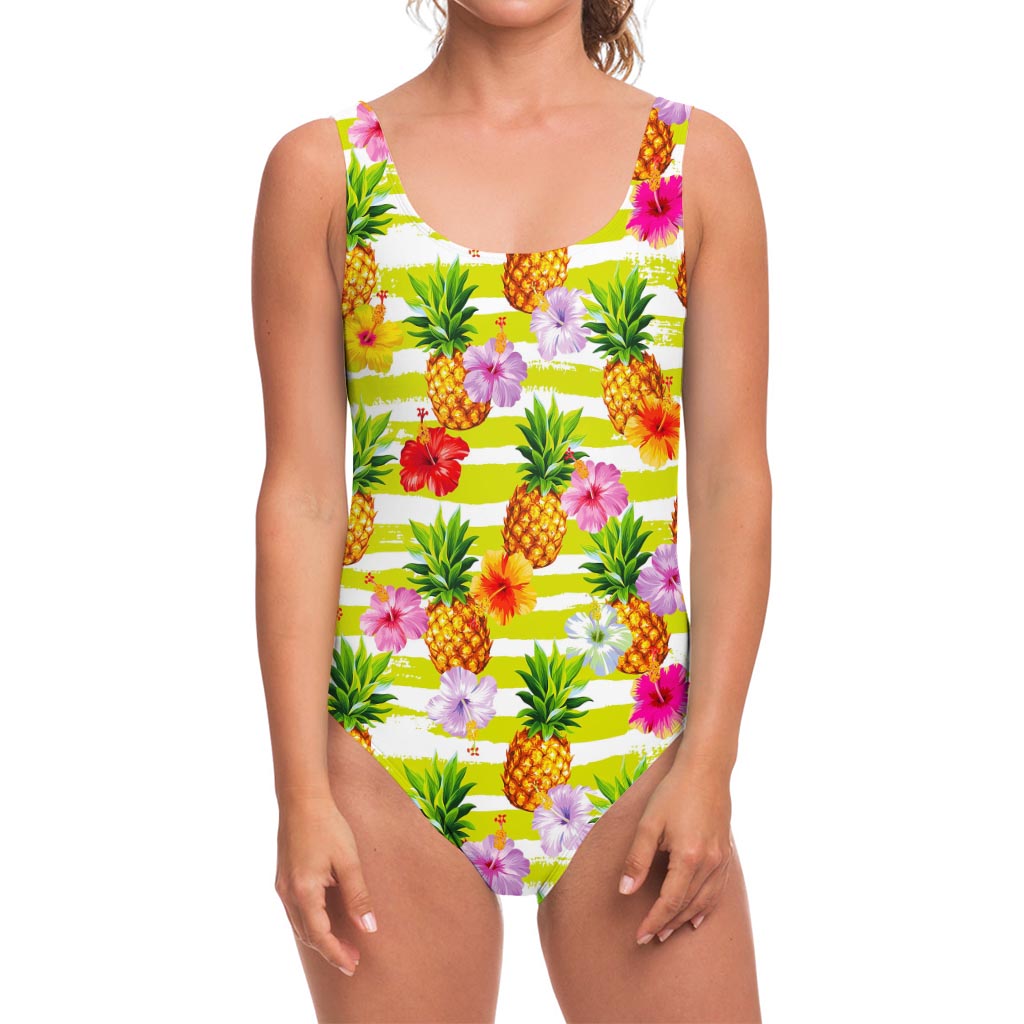 Yellow Striped Pineapple Pattern Print One Piece Swimsuit