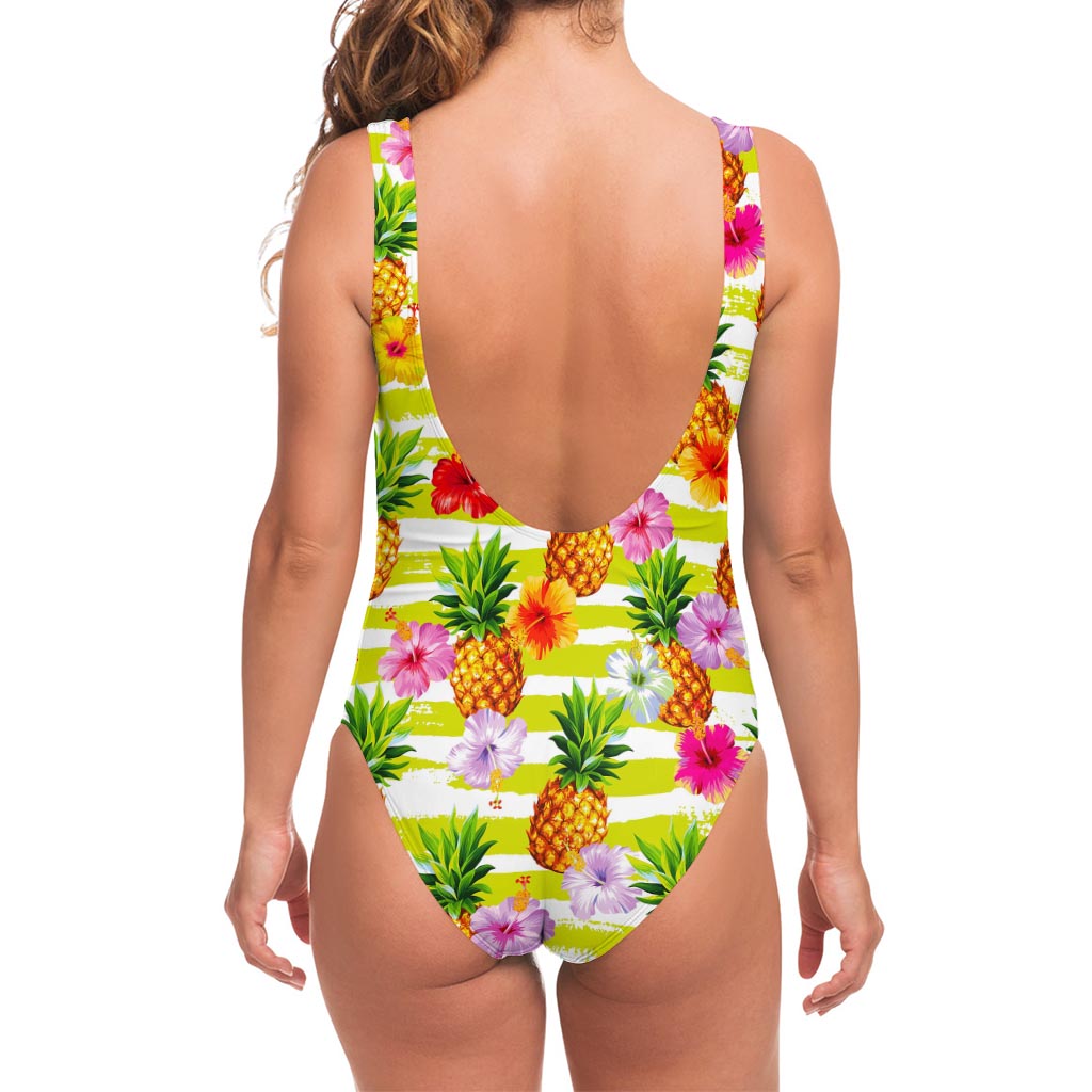 Yellow Striped Pineapple Pattern Print One Piece Swimsuit