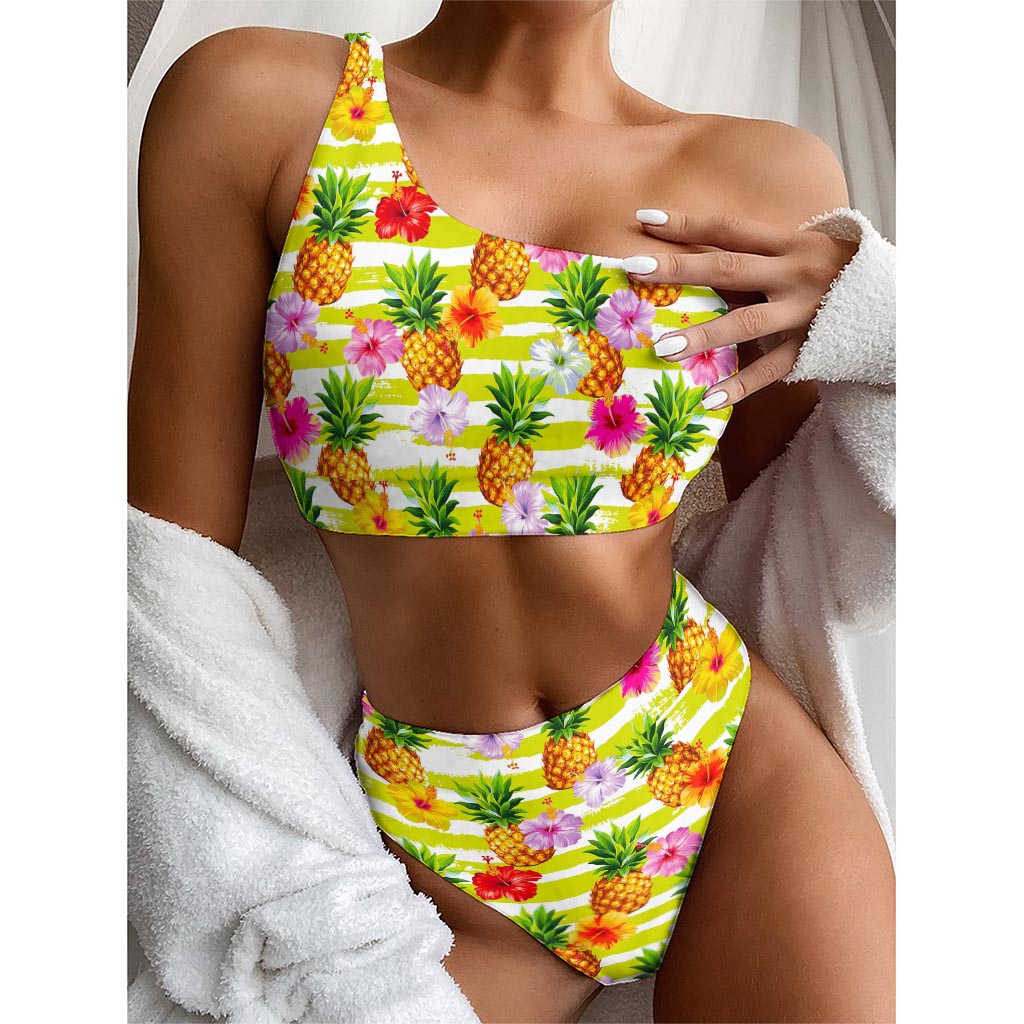 Yellow Striped Pineapple Pattern Print One Shoulder Bikini Top