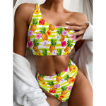 Yellow Striped Pineapple Pattern Print One Shoulder Bikini Top