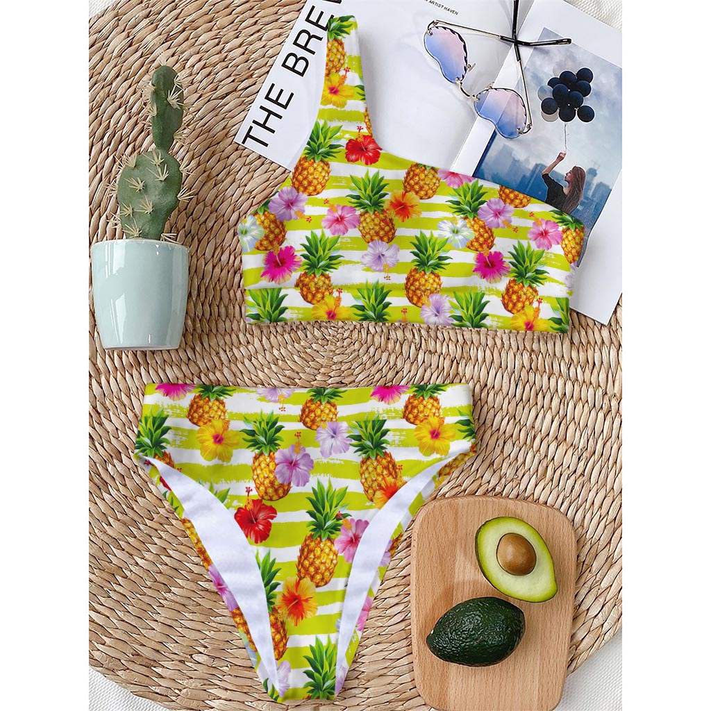 Yellow Striped Pineapple Pattern Print One Shoulder Bikini Top