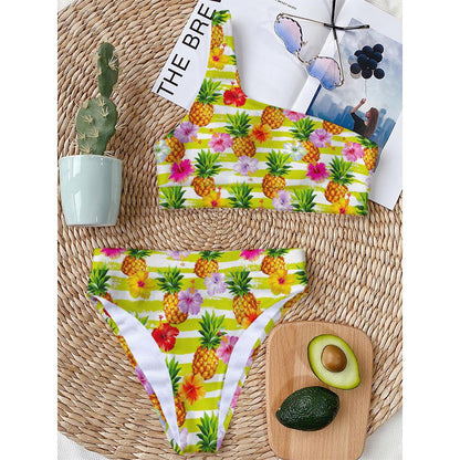 Yellow Striped Pineapple Pattern Print One Shoulder Bikini Top