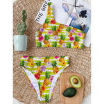 Yellow Striped Pineapple Pattern Print One Shoulder Bikini Top