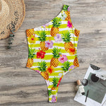 Yellow Striped Pineapple Pattern Print One Shoulder Bodysuit