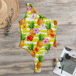 Yellow Striped Pineapple Pattern Print One Shoulder Bodysuit