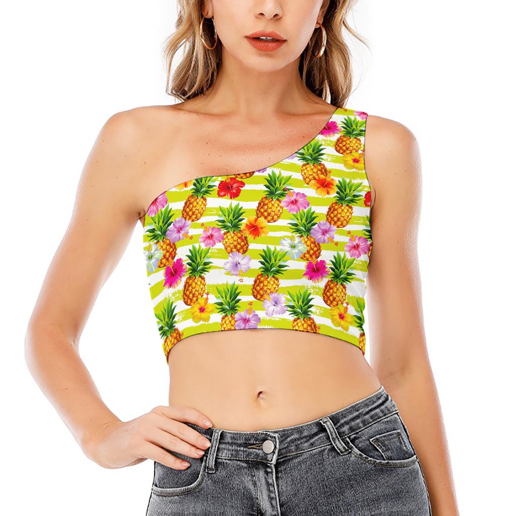 Yellow Striped Pineapple Pattern Print One Shoulder Crop Top