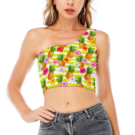 Yellow Striped Pineapple Pattern Print One Shoulder Crop Top