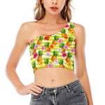 Yellow Striped Pineapple Pattern Print One Shoulder Crop Top