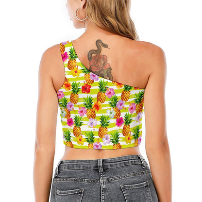 Yellow Striped Pineapple Pattern Print One Shoulder Crop Top