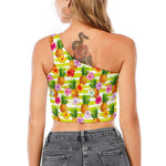 Yellow Striped Pineapple Pattern Print One Shoulder Crop Top
