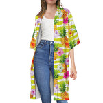 Yellow Striped Pineapple Pattern Print Open Front Beach Cover Up