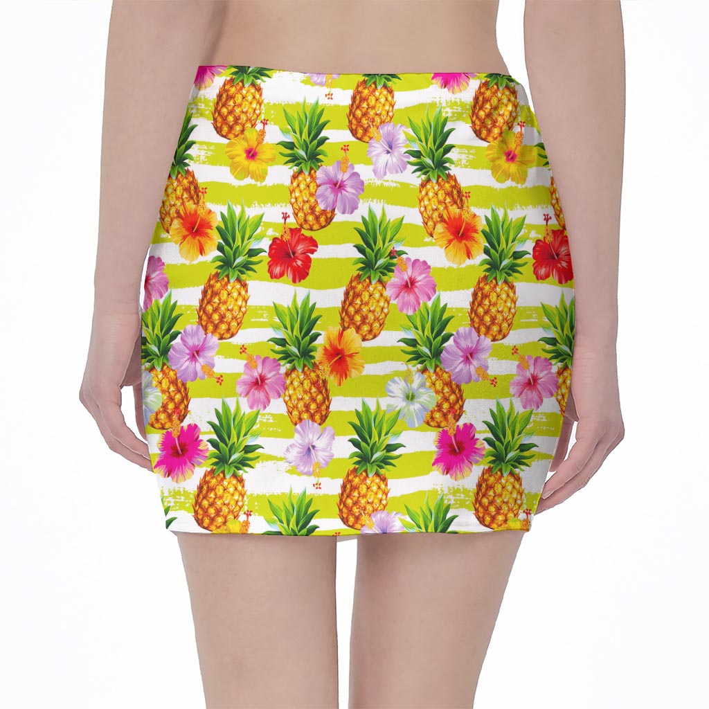 Yellow Striped Pineapple Pattern Print Pencil Mini Skirt