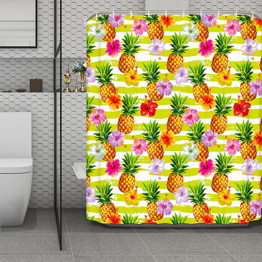 Yellow Striped Pineapple Pattern Print Polyester Shower Curtain