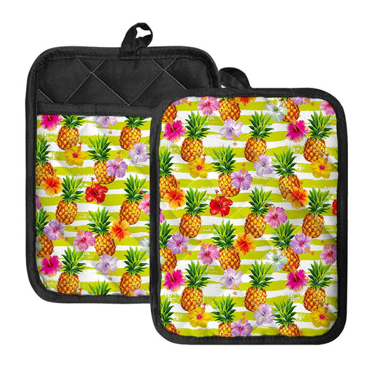 Yellow Striped Pineapple Pattern Print Pot Holders With Pocket