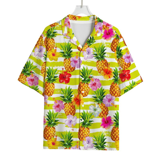 Yellow Striped Pineapple Pattern Print Rayon Hawaiian Shirt