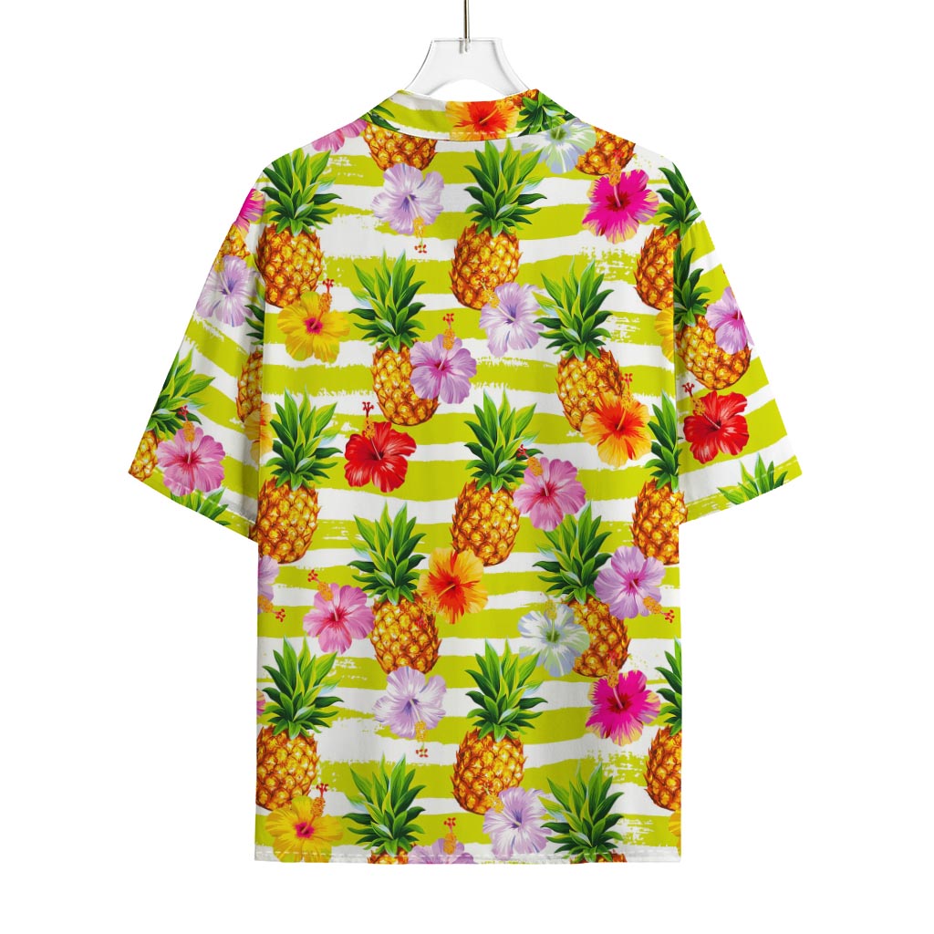 Yellow Striped Pineapple Pattern Print Rayon Hawaiian Shirt