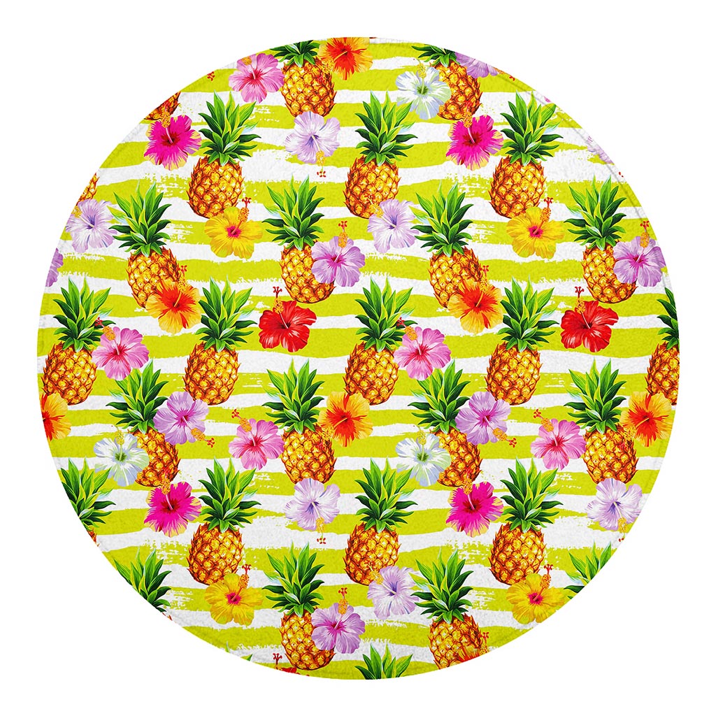 Yellow Striped Pineapple Pattern Print Round Blanket