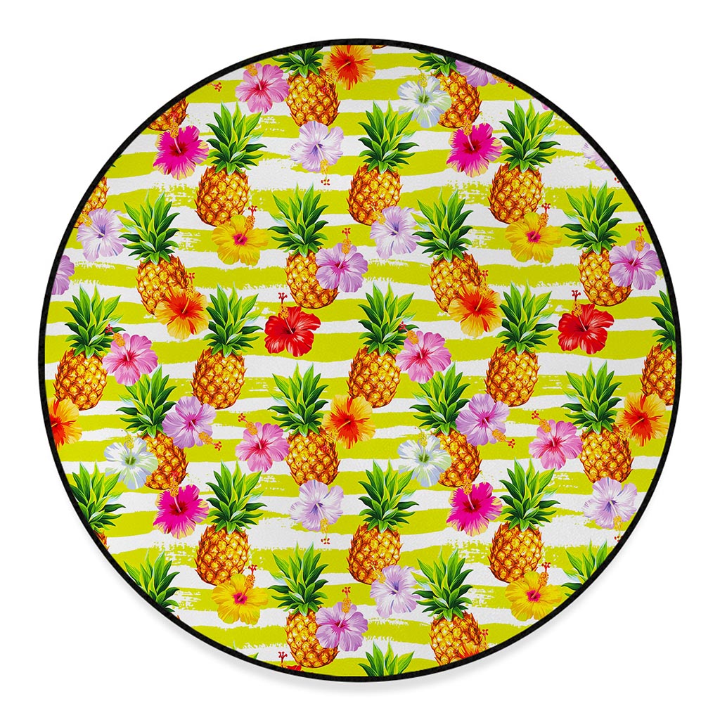 Yellow Striped Pineapple Pattern Print Round Floor Mat