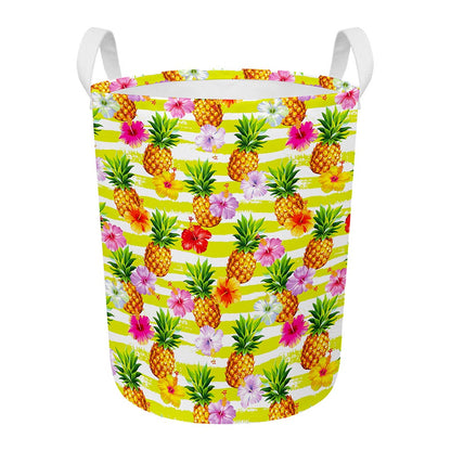 Yellow Striped Pineapple Pattern Print Round Laundry Basket