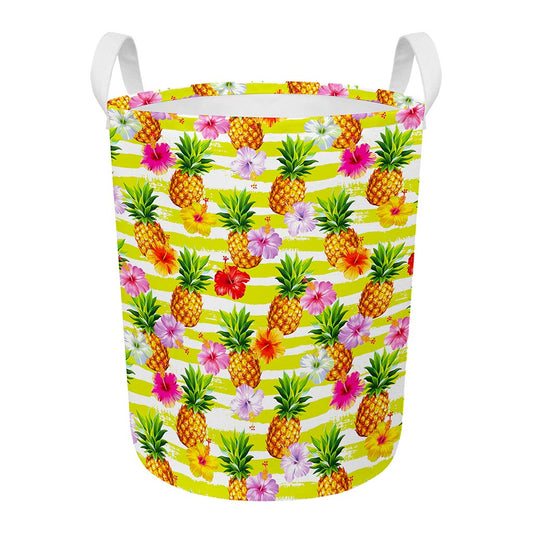 Yellow Striped Pineapple Pattern Print Round Laundry Basket