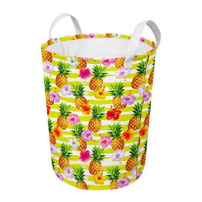 Yellow Striped Pineapple Pattern Print Round Laundry Basket