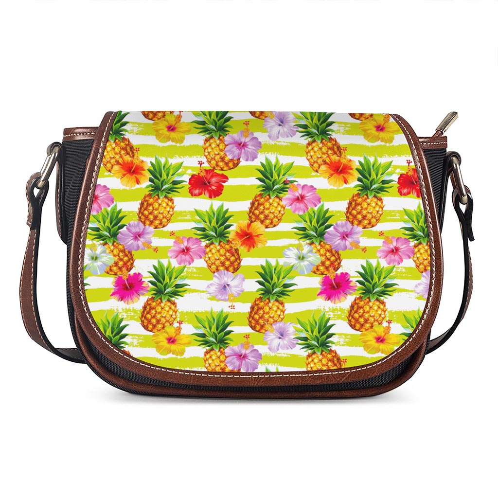 Yellow Striped Pineapple Pattern Print Saddle Bag
