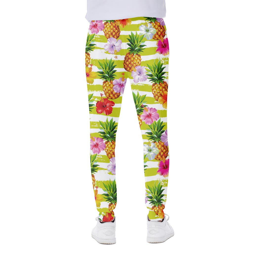 Yellow Striped Pineapple Pattern Print Scuba Joggers