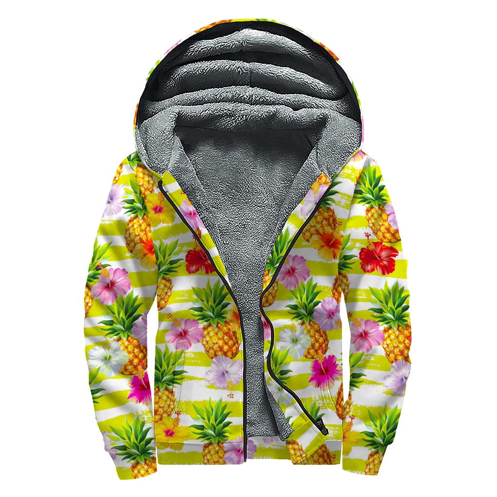Yellow Striped Pineapple Pattern Print Sherpa Lined Zip Up Hoodie
