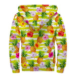 Yellow Striped Pineapple Pattern Print Sherpa Lined Zip Up Hoodie