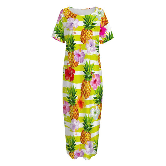 Yellow Striped Pineapple Pattern Print Short Sleeve Long Nightdress