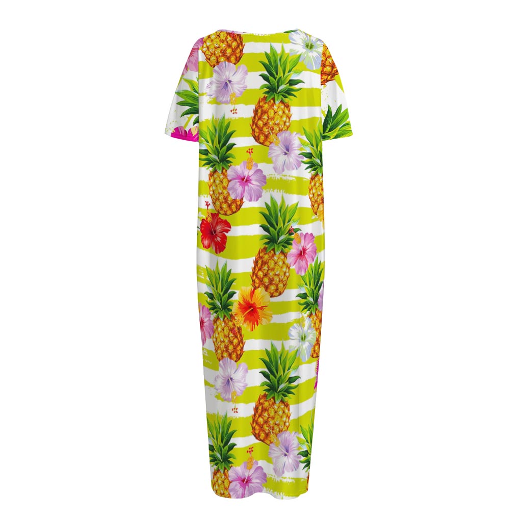 Yellow Striped Pineapple Pattern Print Short Sleeve Long Nightdress