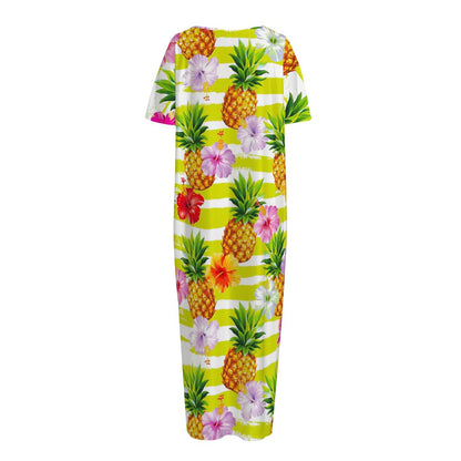 Yellow Striped Pineapple Pattern Print Short Sleeve Long Nightdress