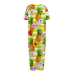 Yellow Striped Pineapple Pattern Print Short Sleeve Long Nightdress