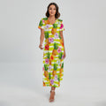 Yellow Striped Pineapple Pattern Print Short Sleeve Maxi Dress