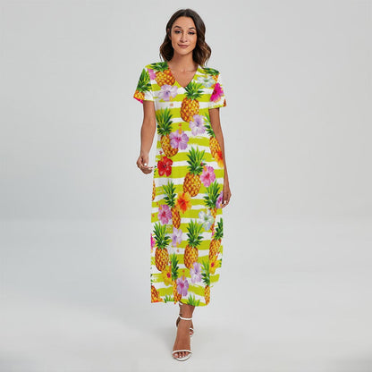 Yellow Striped Pineapple Pattern Print Short Sleeve Maxi Dress