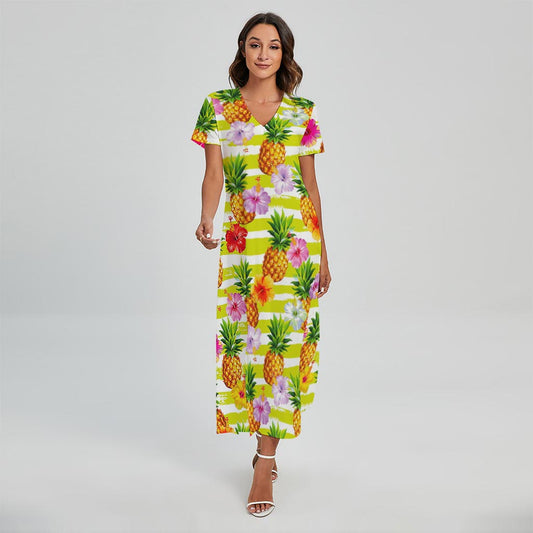 Yellow Striped Pineapple Pattern Print Short Sleeve Maxi Dress
