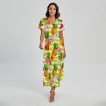 Yellow Striped Pineapple Pattern Print Short Sleeve Maxi Dress