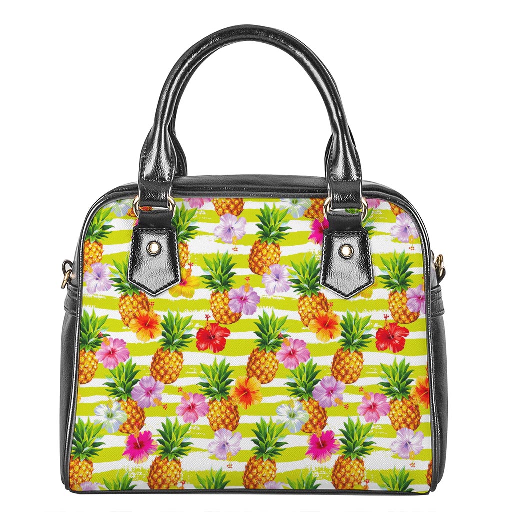 Yellow Striped Pineapple Pattern Print Shoulder Handbag