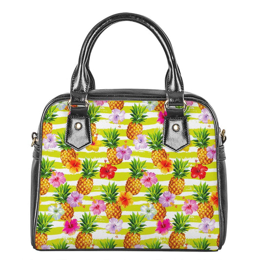 Yellow Striped Pineapple Pattern Print Shoulder Handbag