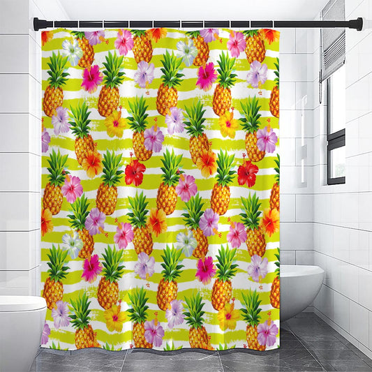 Yellow Striped Pineapple Pattern Print Shower Curtain