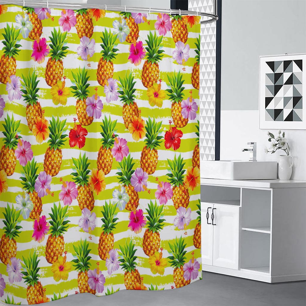 Yellow Striped Pineapple Pattern Print Shower Curtain