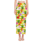 Yellow Striped Pineapple Pattern Print Side Slit Maxi Skirt